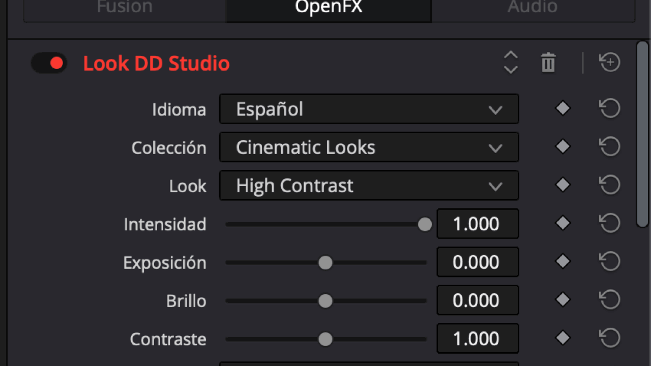 Demostración de Look DD Studio activo en DaVinci Resolve, con el look High Contrast y sus controles